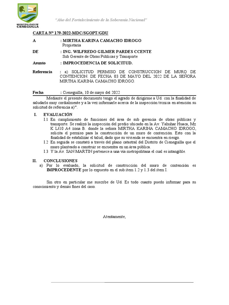 Carta 179 informe de improcedencia pdf
