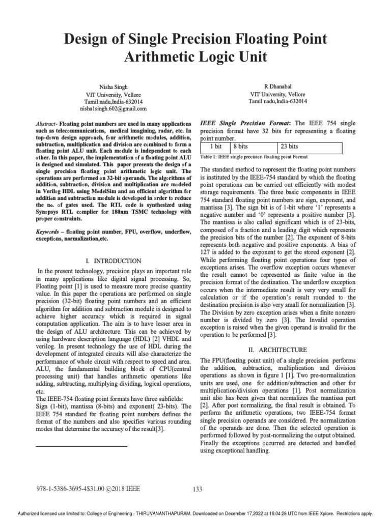 Single Precision Floating Point ALU Design | PDF | Engineering ...