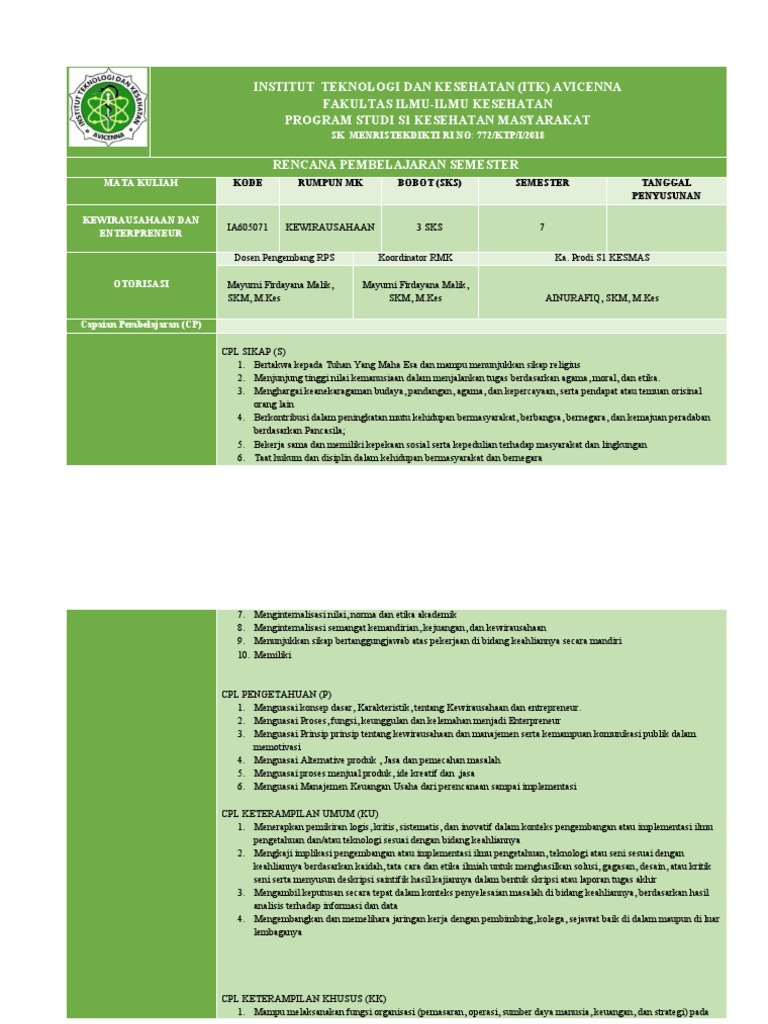 Rencana Pembelajaran Kewirausahaan S1 Kesmas | PDF