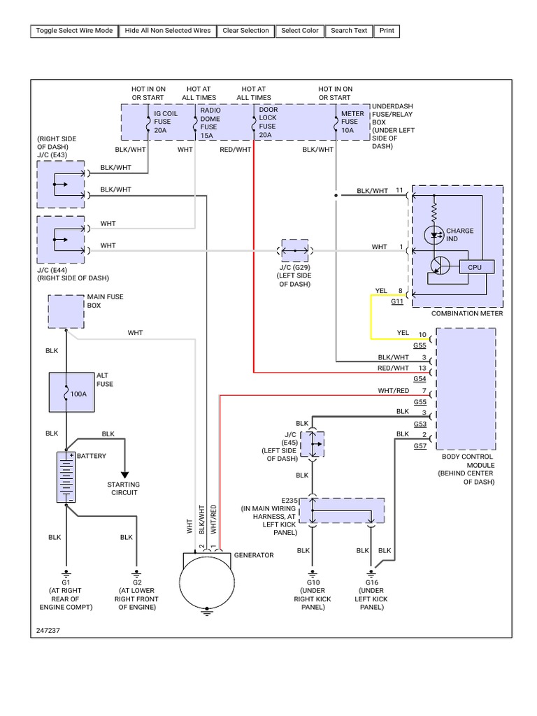 Automotive Electrical System Diagram with Component Labels and Wire