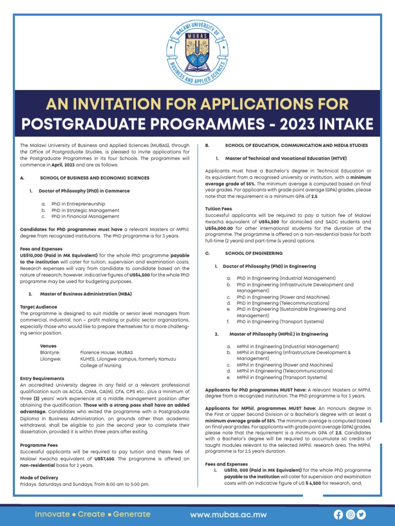 MUBAS Postgraduate Programmes 2023 | PDF | Doctor Of Philosophy ...