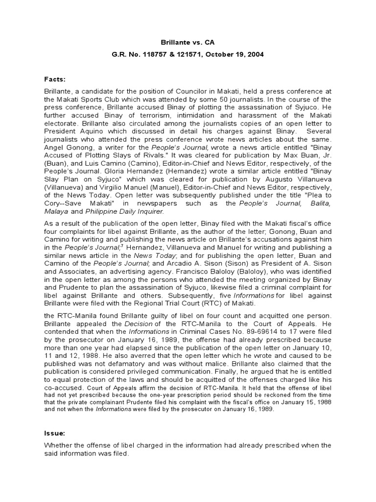 Brillante vs. CA PDF Statute Of Limitations Defamation