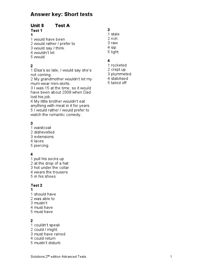 Unit 8 Short Test Answer Key | PDF