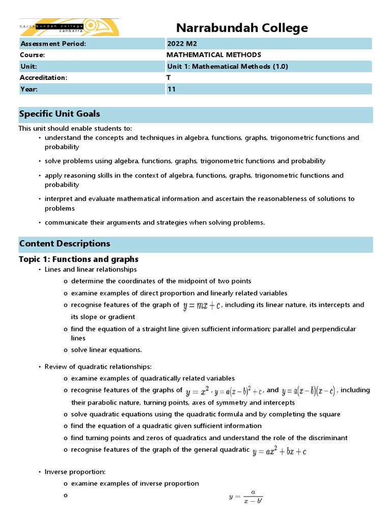 Year 11 Mathematical Methods Overview | PDF | Trigonometric Functions ...