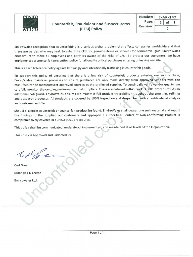 EnviroWales Counterfeit, Fraudulent and Suspect Items (CFSI) Policy PDF