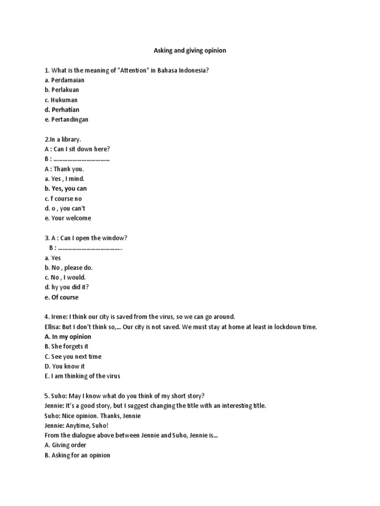 Asking And Giving Opinion 20 Soal Download Free Pdf Hansel And