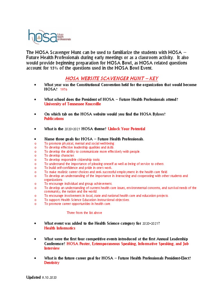 Hosa Scavenger Hunt Key PDF Cognition