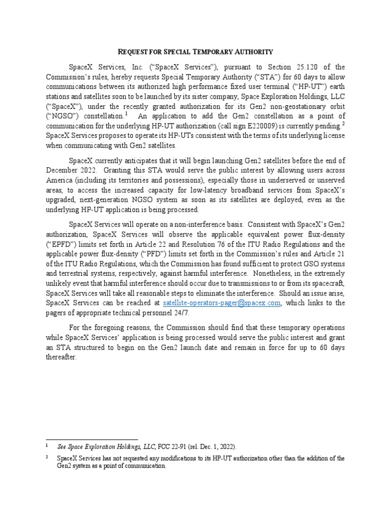 Starlink STA Request for Gen2 Launch | PDF | Space X | Satellite