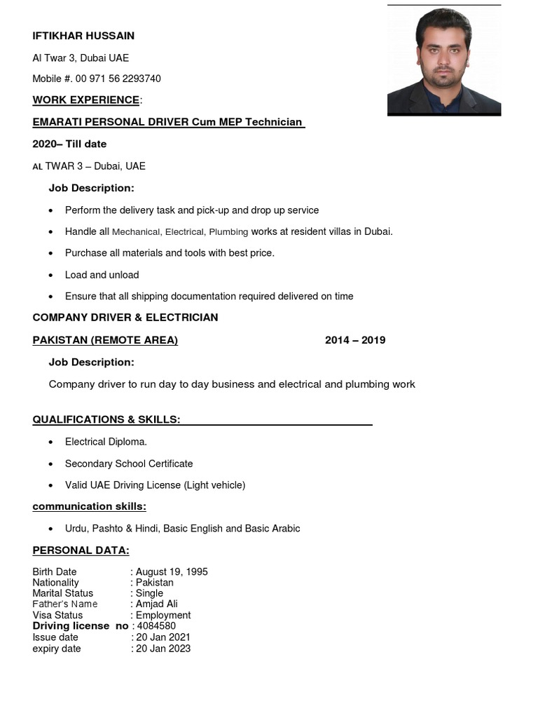 Irfan Iftikhar: Driver & MEP Technician | PDF | Technology & Engineering