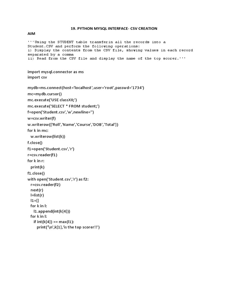 Python Mysql InterfaceCsv Creation AIM PDF