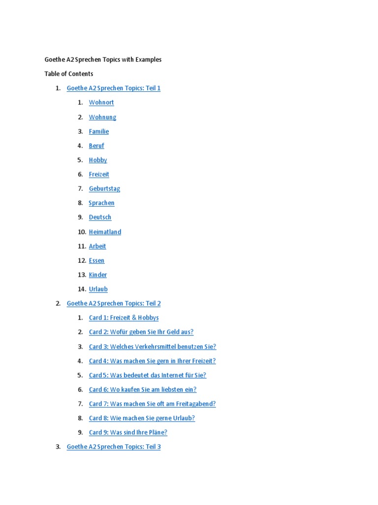 Goethe A2 Sprechen Topics With Examples | PDF