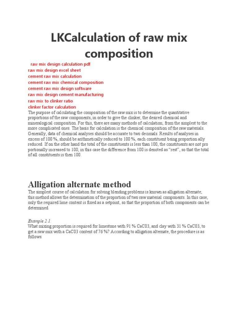 Calculation of Raw Mix Composition PDF Cement Equations