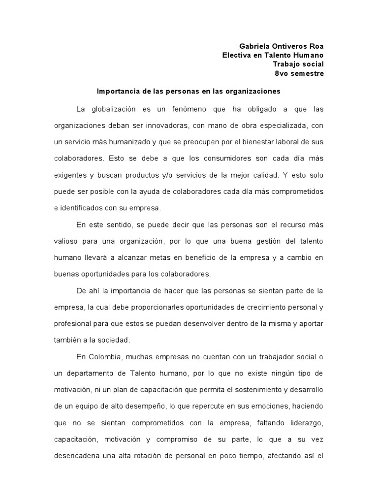 Importancia Del Talento Humano en Las Organizaciones | PDF | Business