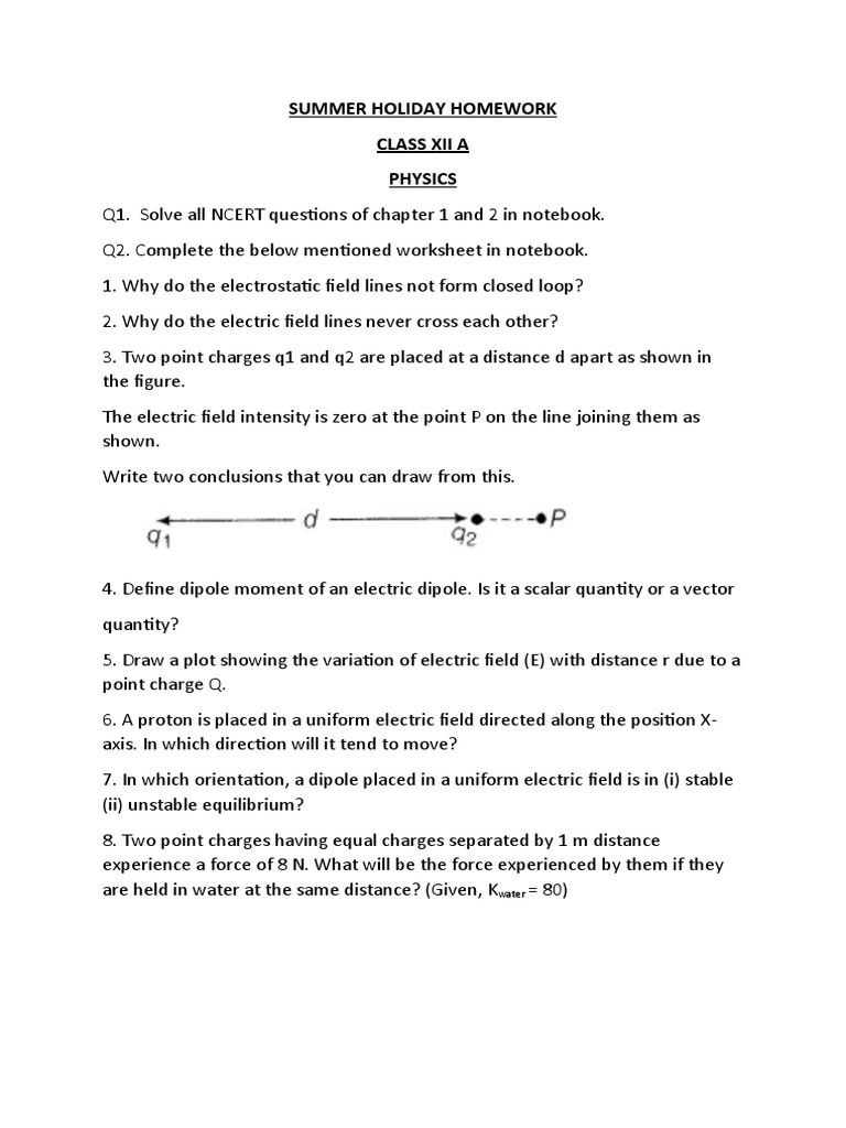 Class XII A Summer Homework Assignments | PDF | Electric Field | Dipole