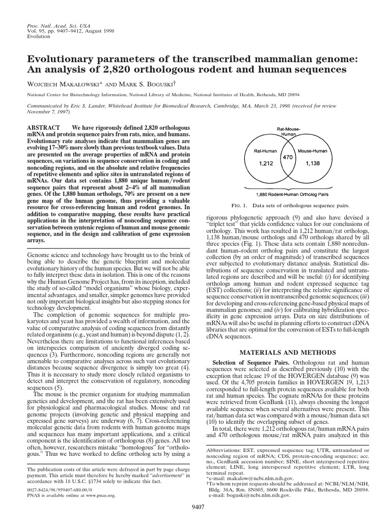 Evolutionary Parameters of The Transcribed Mammalian Genome | PDF ...