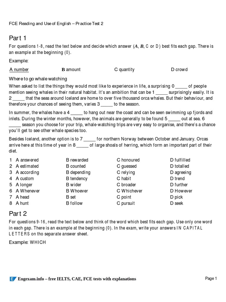 FCE Reading And Use Of English Practice Test 2 PDF Whales