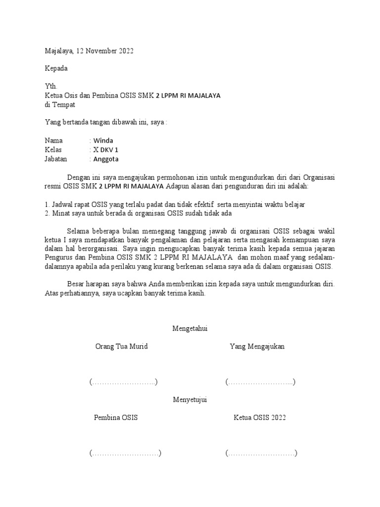 Surat Pengunduran Diri OSIS | PDF