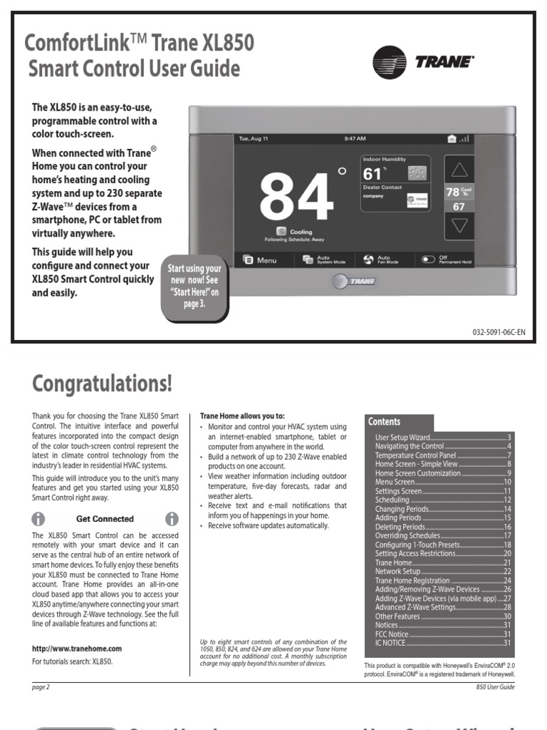 Comfortlink™ Trane Xl850 Smart Control User Guide Start Using Your New
