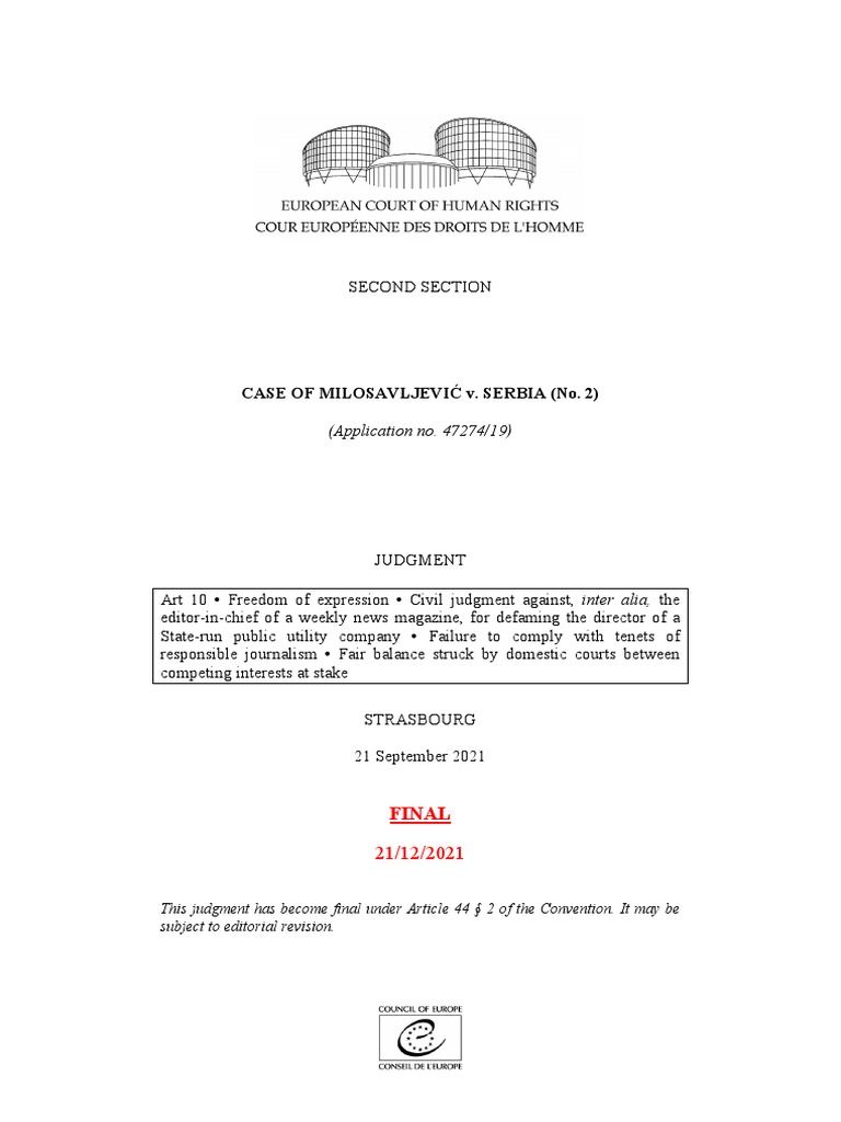 Media Freedom vs. Defamation | PDF | Judgment (Law) | European ...