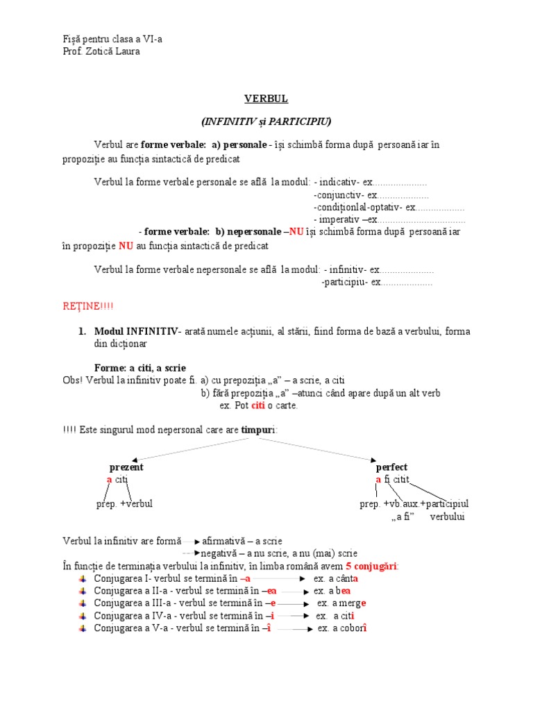 VERBUL (Modurile INFINITIV Și PARTICIPIU) | PDF
