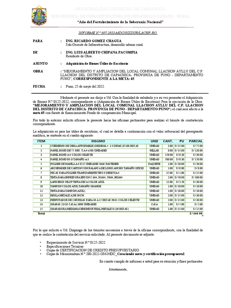 Informe de Adquisición de Útiles de Escritorio | PDF | Equipo de ...