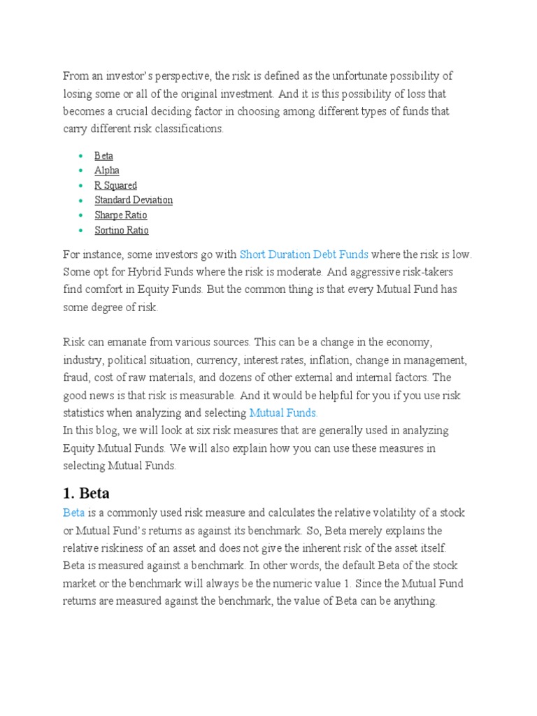 Understanding Risk Measures Evaluating Equity Mutual Funds Using Beta