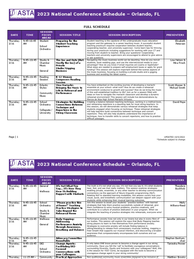 2023 ASTA National Conference Sessions FULL SCHEDULE 10.5.2022 PDF