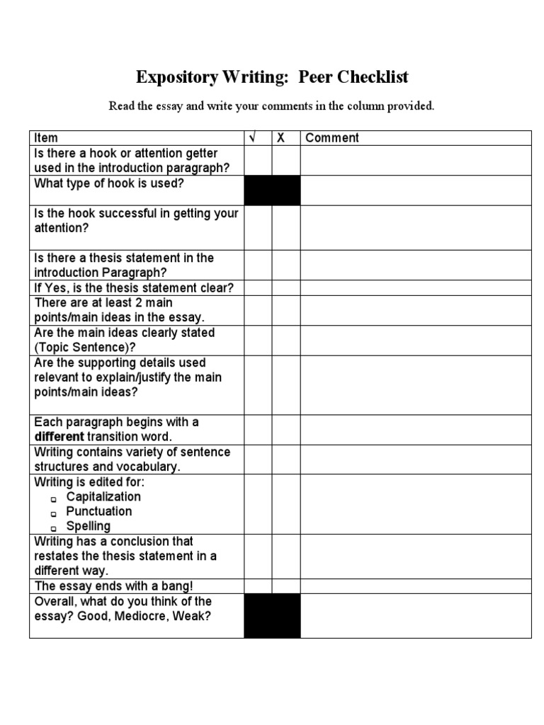 Expository Essay Peer Review Checklist | PDF