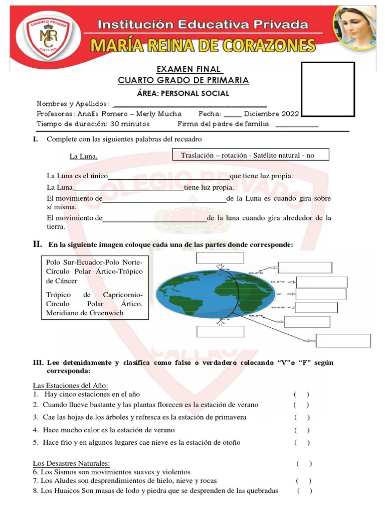Examen Final de Personal Social 4to Grado | PDF