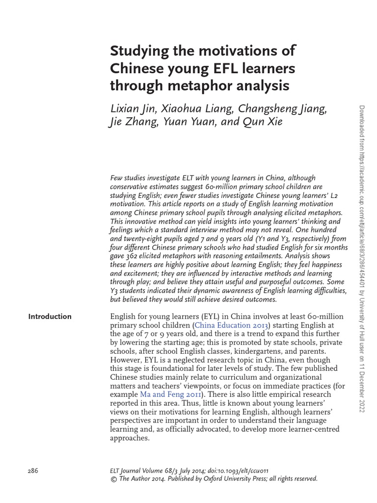 Studying The Motivations of Chinese Young Efl Learners Through Metaphor ...