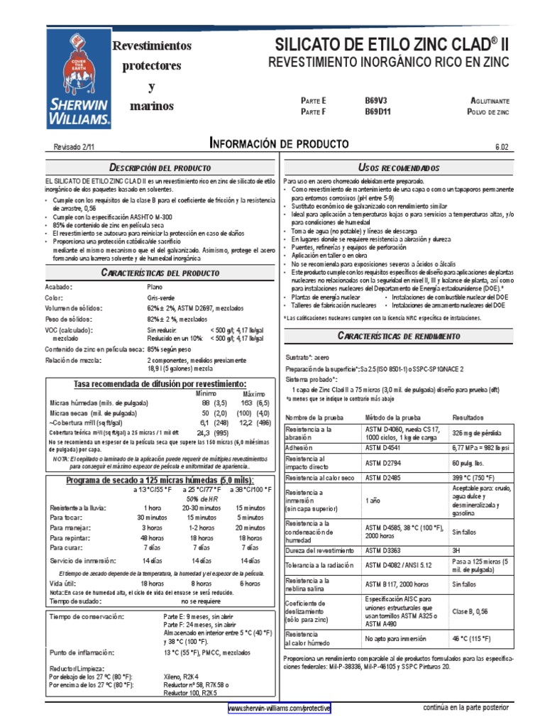 Zinc Clad II B69V3 PDS Spanish PDF Zinc Acero
