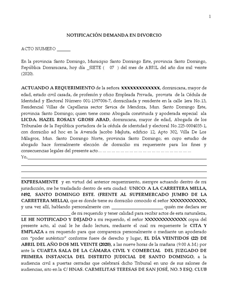 Notificación de Demanda de Divorcio | PDF | Divorcio | República Dominicana