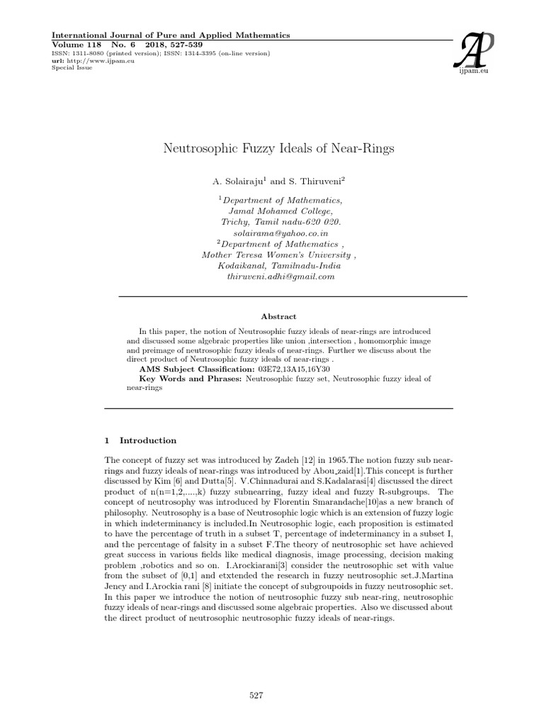 Neutrosophic Fuzzy Ideals of NearRings PDF Fuzzy Logic Ring