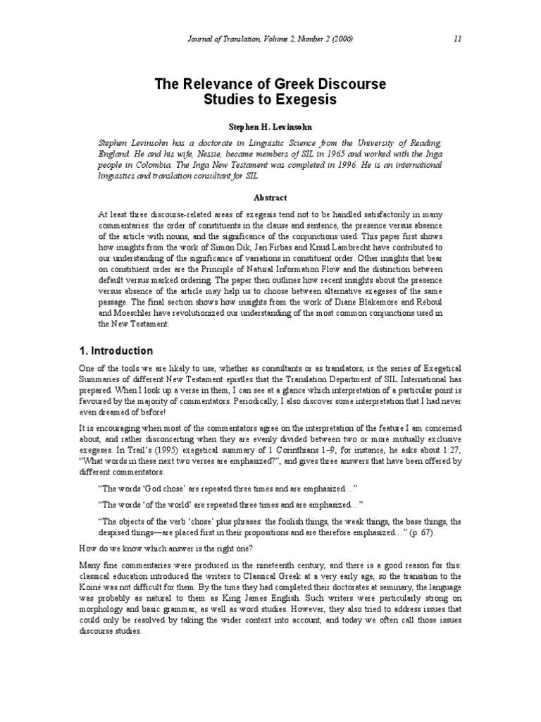 (S. H. Levinsohn) The Relevance of Greek Discourse Studies To Exegesis