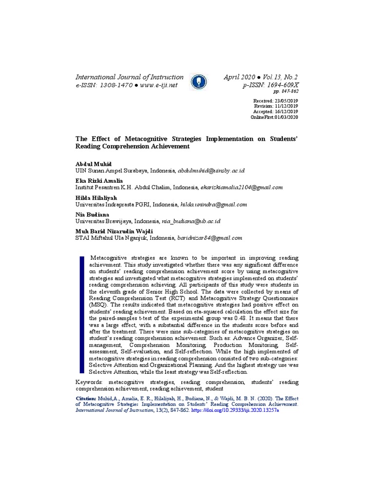 Metacognitive Strategies in Reading Comprehension | PDF | Metacognition ...