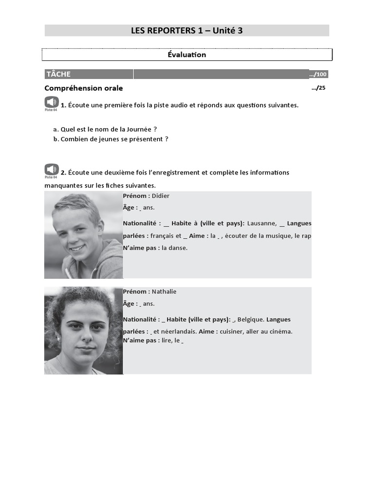 Évaluation Unité 3 : Les Reporters 1 | PDF | Linguistique