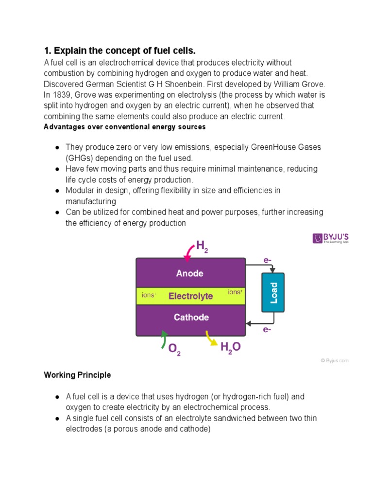Explain The Concept of Fuel Cells. Advantages Over Conventional Energy Sources PDF Fuel