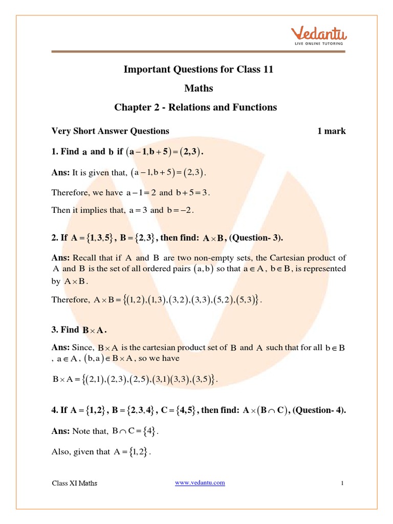 CBSE Class 11 Maths Chapter 2 - Relations and Functions Important ...