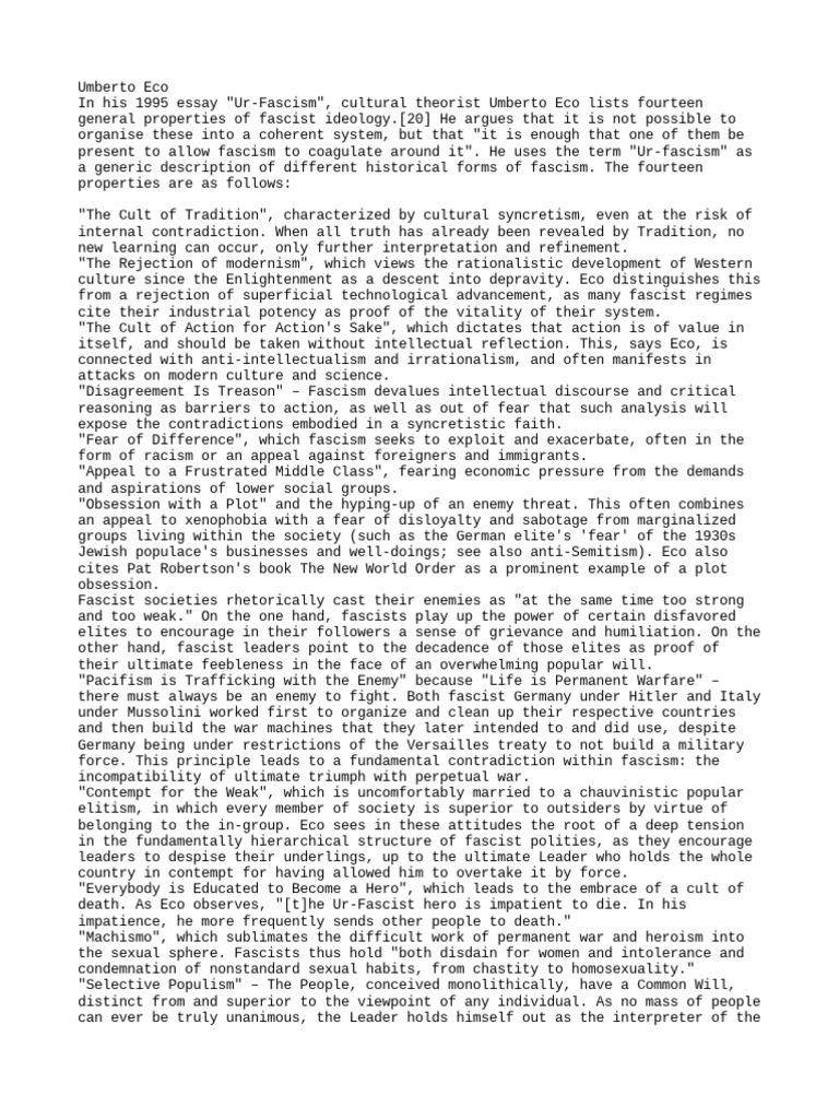 Umberto eco s 14 properties of fascist ideology pdf fascism