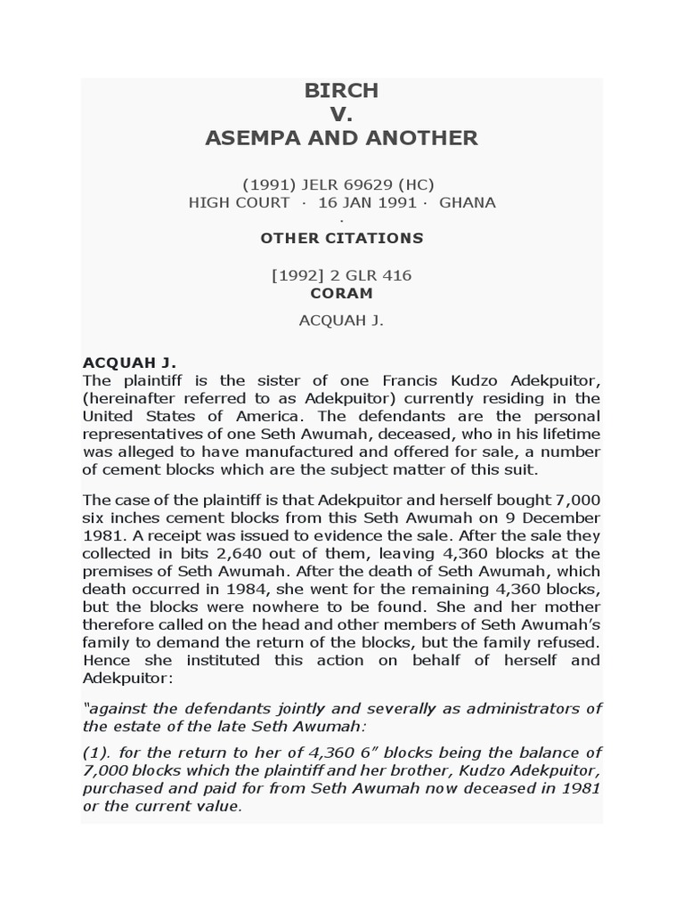 Birch v. Asempa and Another PDF Lawsuit Public Law