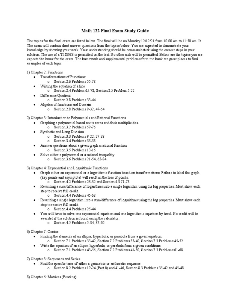 Math 122 Final Exam Study Guide | PDF | Polynomial | Function (Mathematics)