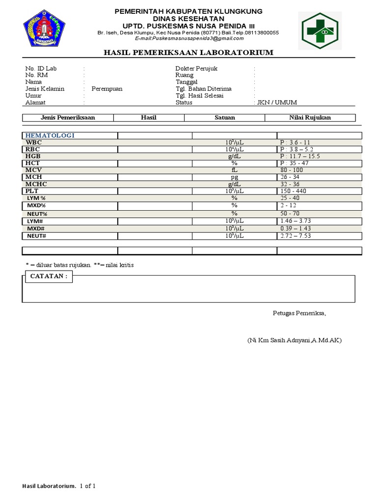 Hasil Lab Hematologi Pasien Perempuan | PDF