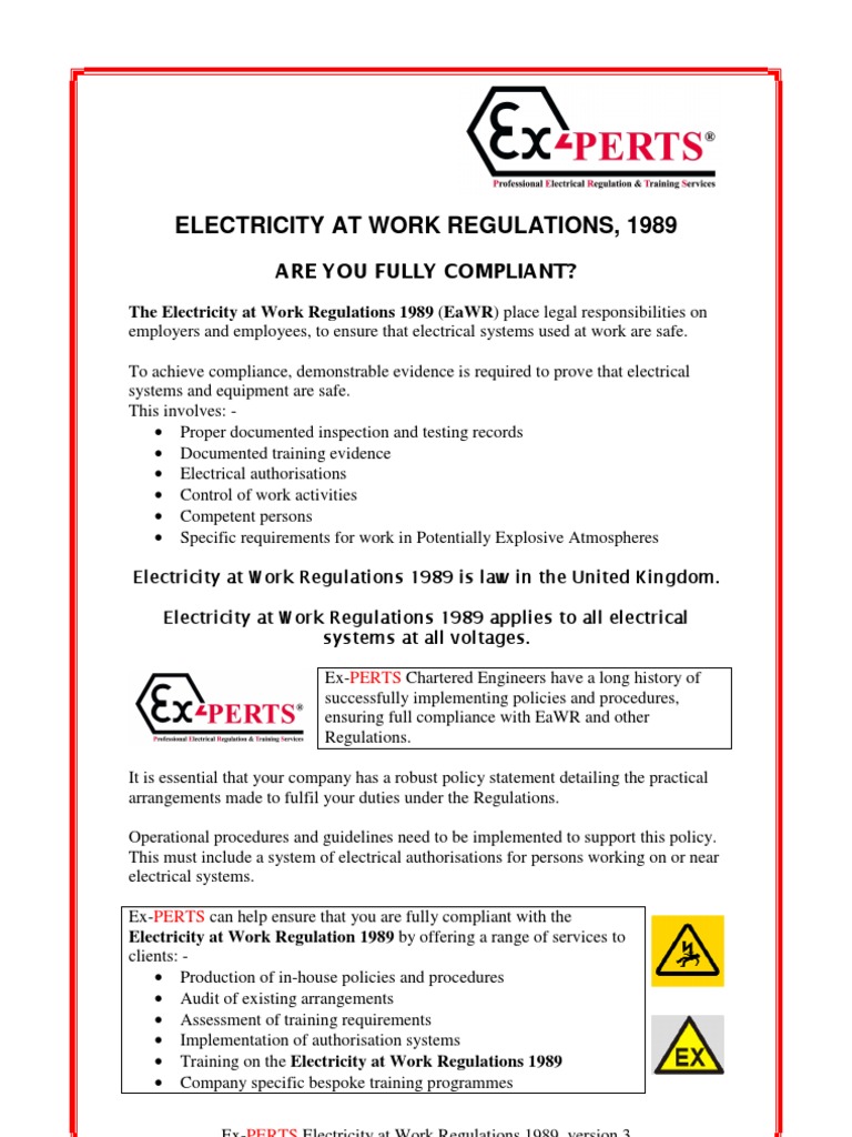 Electricity at Work Regulations 1989 Regulatory Compliance