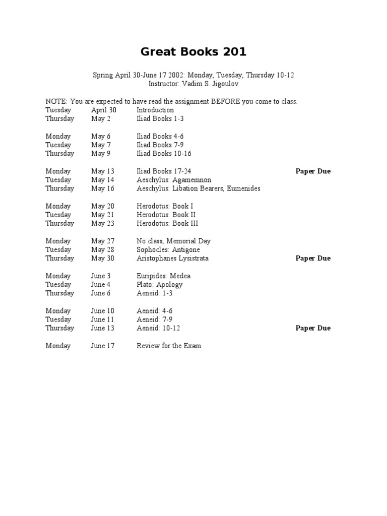 Great Books 201 Course Schedule | PDF | Classics