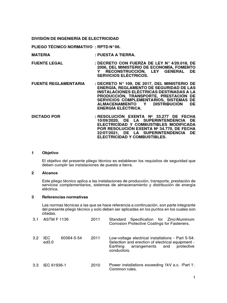 Pliego Técnico Normativo RPTD N° 06 | PDF | Corriente eléctrica ...