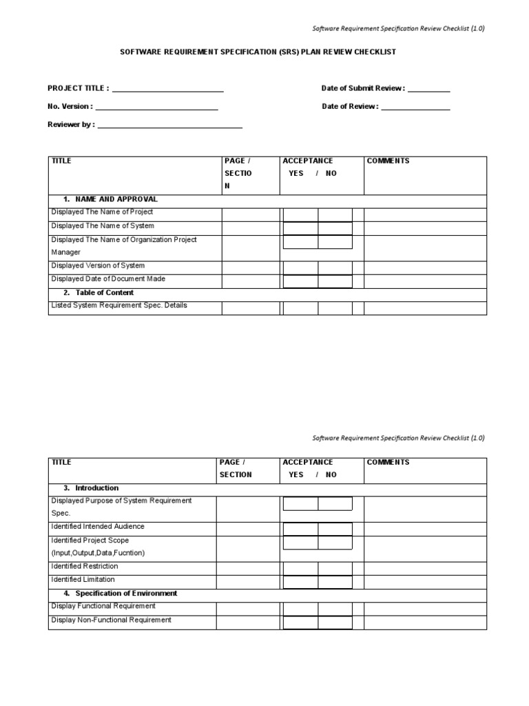 SRS Review Checklist for Software Projects | PDF