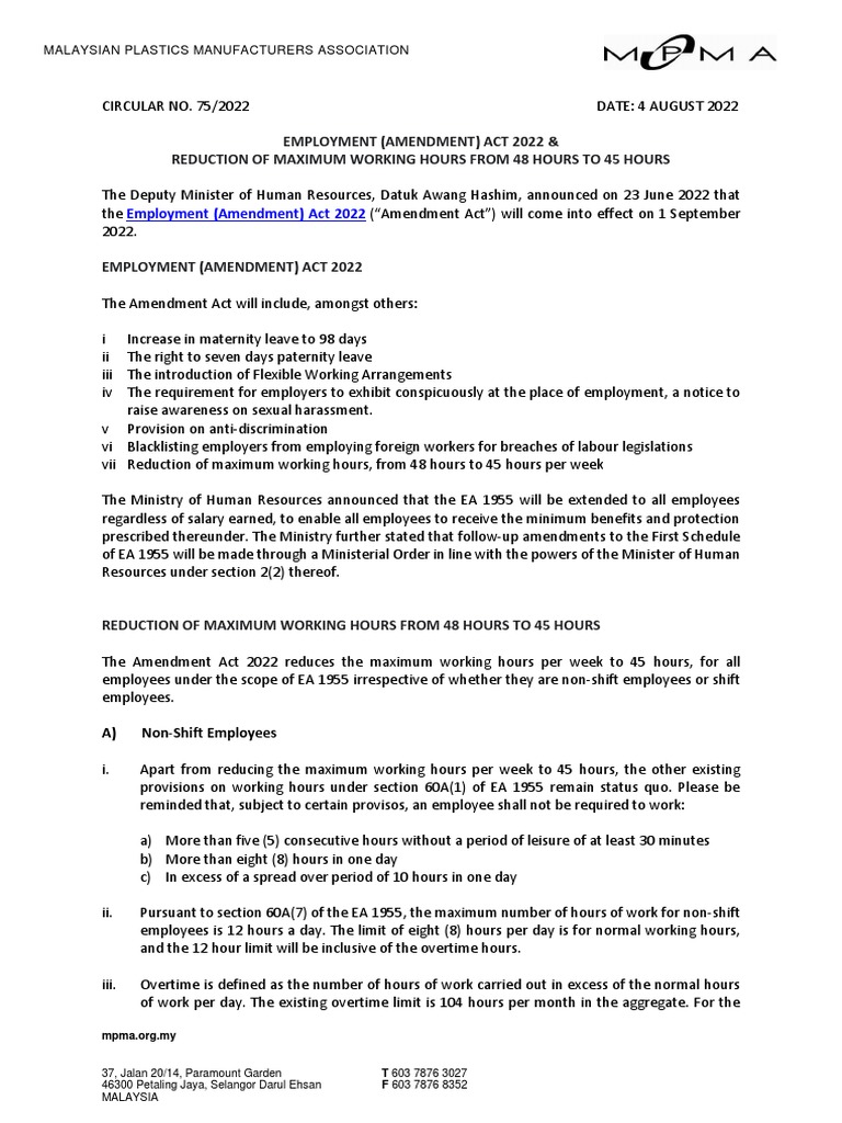 Cir 75 EMPLOYMENT AMENDMENT ACT 2022 REDUCTION OF MAXIMUM WORKING HOURS