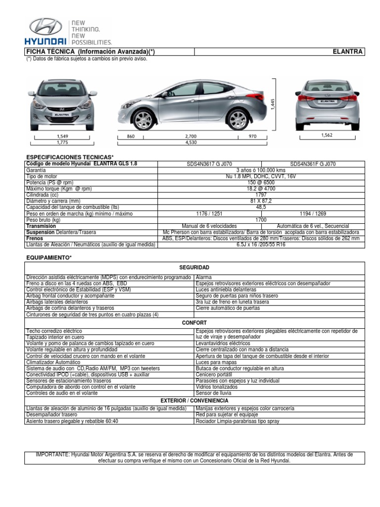 Ficha Tecnica Hyundai Elantra 2013 | PDF | Airbag | Fabricantes de ...