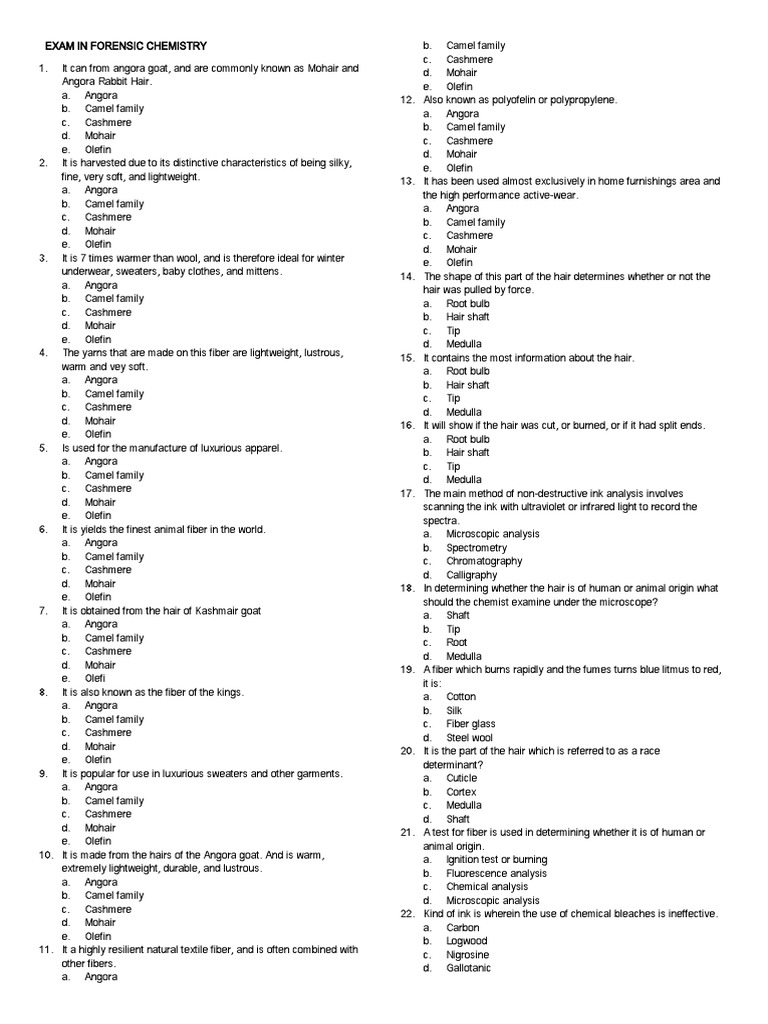 Forensic Chemistry Exam Questions | PDF | Hair | Fires