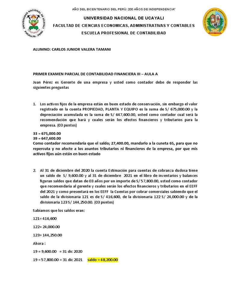 Primer Examen Parcial De Contabilidad Financiera Iii Aula A 2021 Pdf